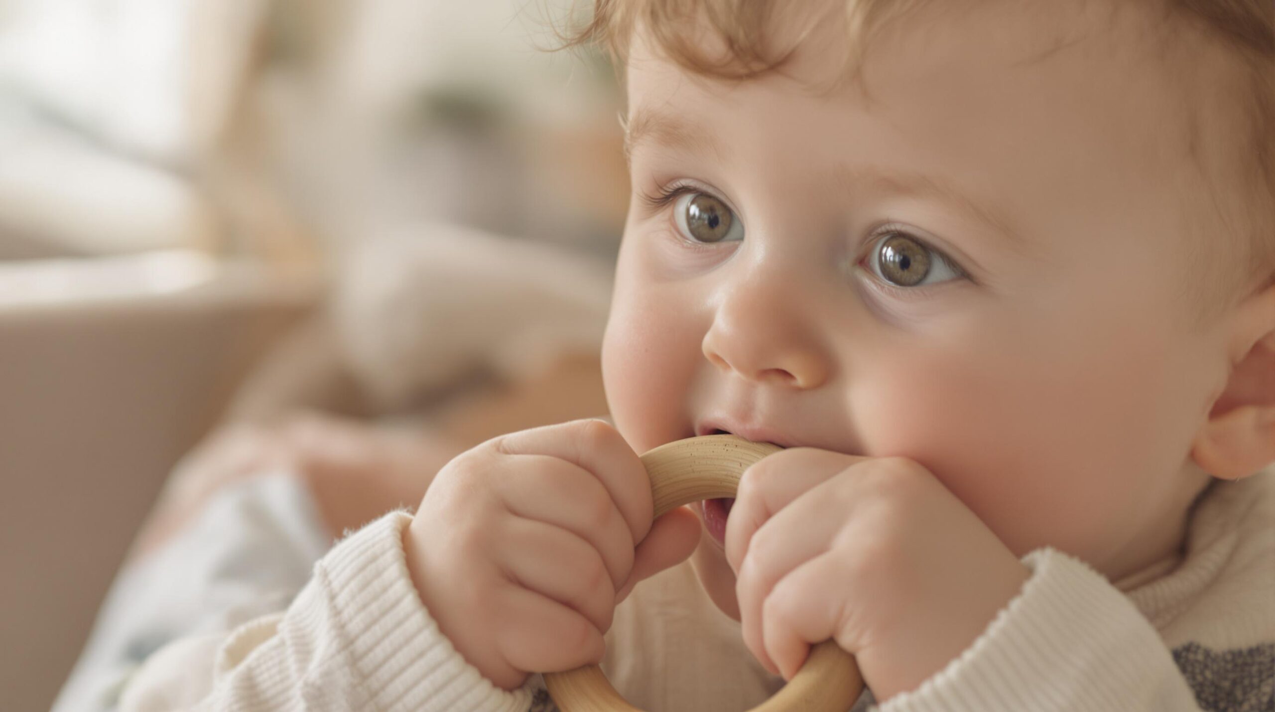 Baby chewing on a wooden ring teether