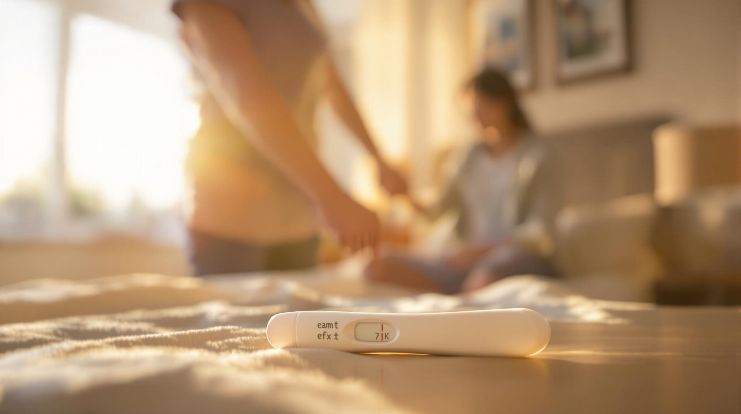 Positive pregnancy test on a bed