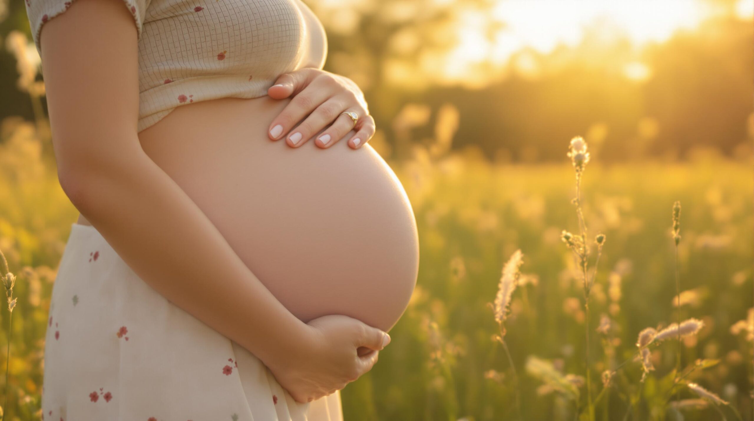 Pregnant woman in a field at sunset